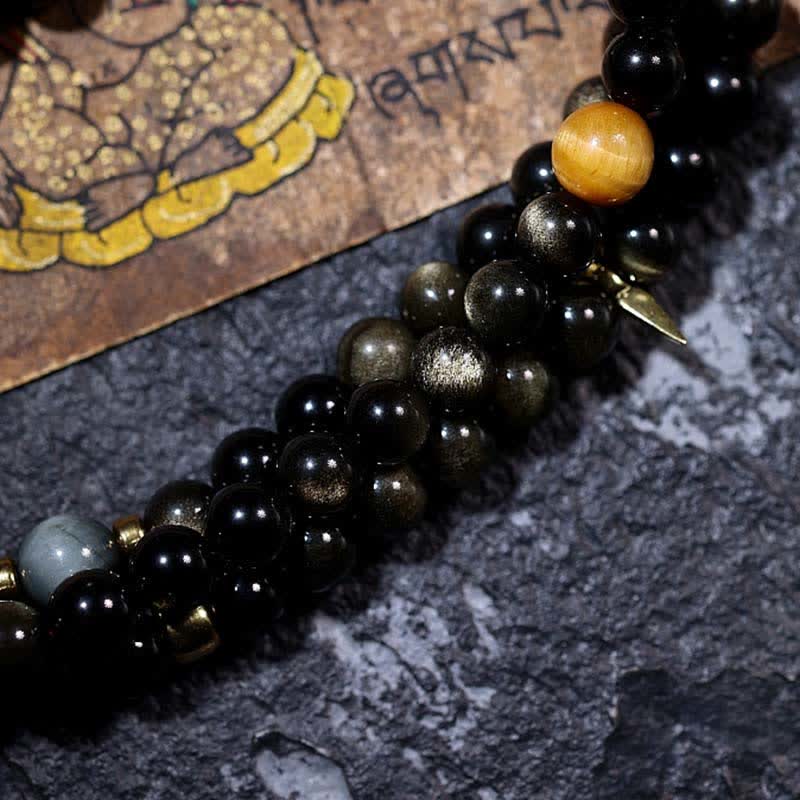 Pulsera de riqueza de piedra de ojo de águila de ojo de tigre de obsidiana con brillo dorado de 108 cuentas Mala
