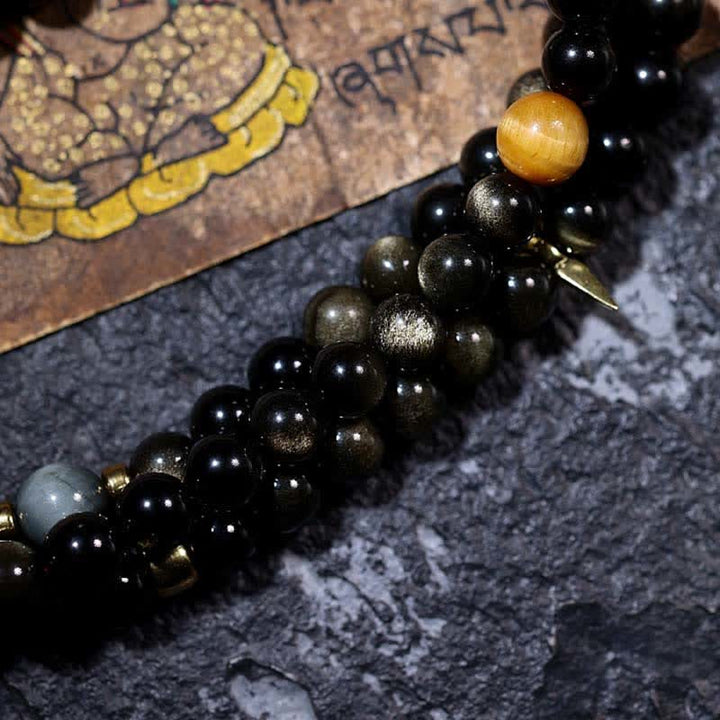 Pulsera de riqueza de piedra de ojo de águila de ojo de tigre de obsidiana con brillo dorado de 108 cuentas Mala