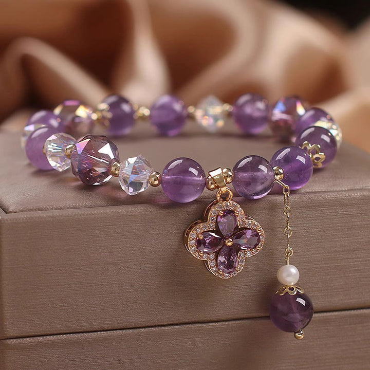 Pulsera de curación espiritual con trébol de cuatro hojas y cristal de amatista natural con Buddha Stones