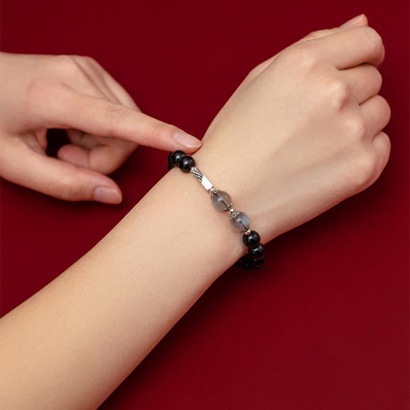 Pulsera de pareja de fuerza de piedra lunar de obsidiana de plata de ley 925 - image 2