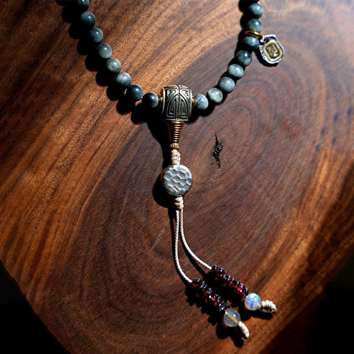 Buddha Stones Plata de Ley 925 108 Cuentas Mala Piedra Ojo de Águila Pulsera Positiva de Piedra Lunar