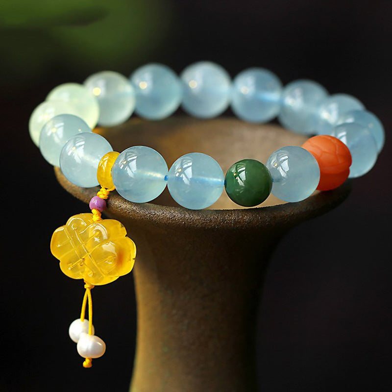 Pulsera de la paz con dije anudado chino, ámbar, aguamarina natural
