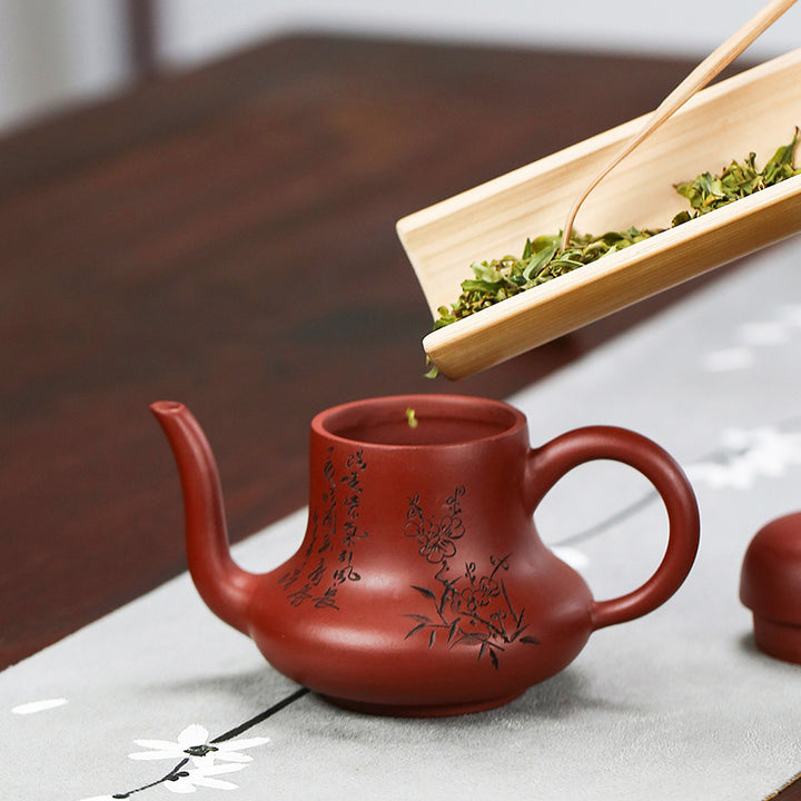 Tetera de kungfú de arcilla púrpura con flor de melocotón de bambú Vintage con Buddha Stones