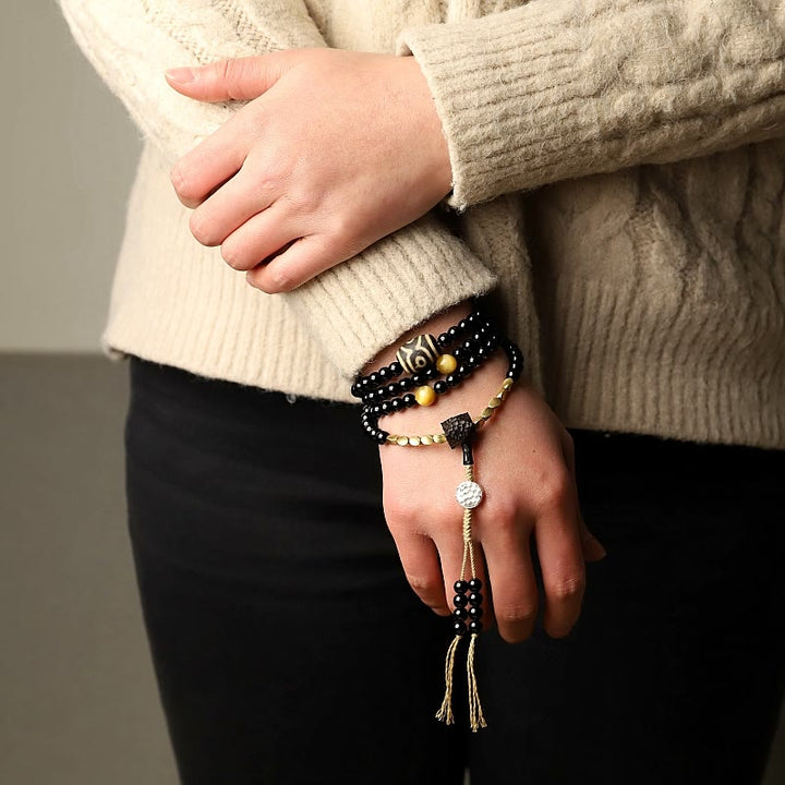Pulsera de protección de cuentas Dzi de tres ojos de ónix negro con cuentas tibetanas de 108 Mala