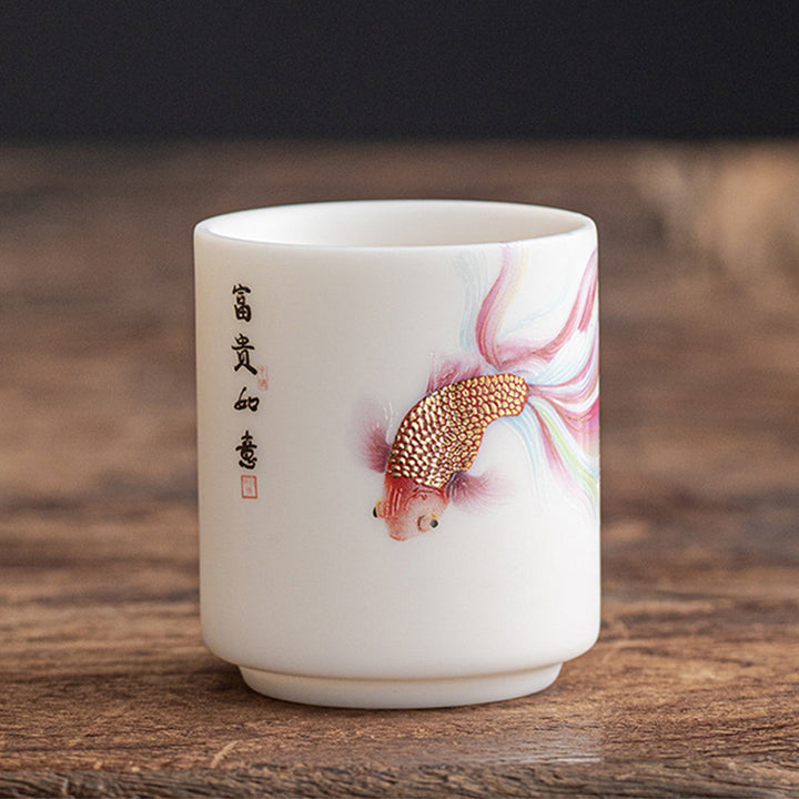Taza de té de cerámica de porcelana blanca, pez Koi, Buddha Stones, taza de té de Kung Fu