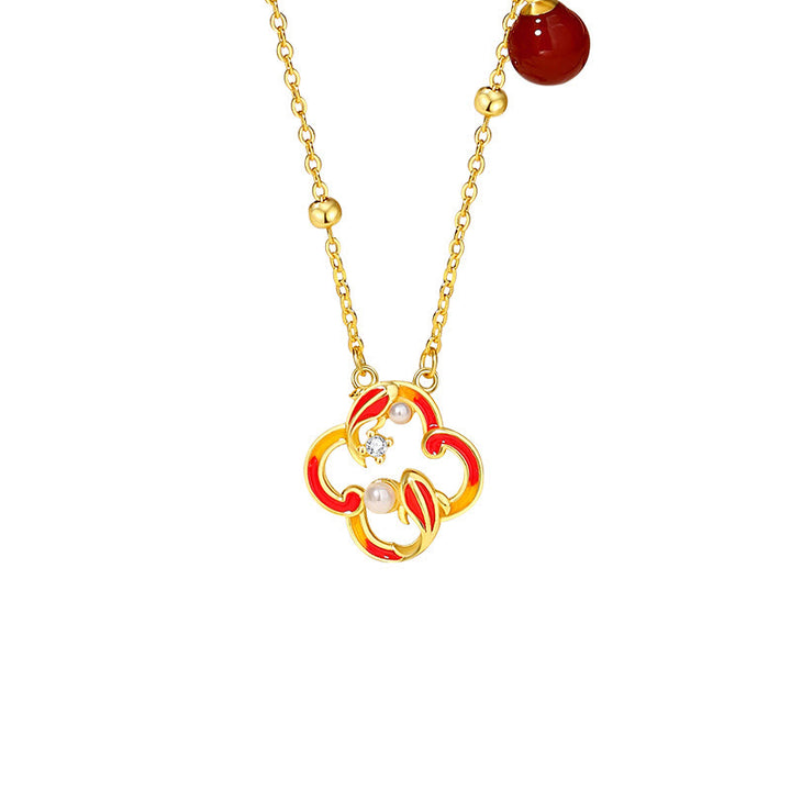 Juego de pendientes y collar con colgante de trébol de cuatro hojas, Plata de Ley 925, Buddha Stones , ágata roja, perla, riqueza