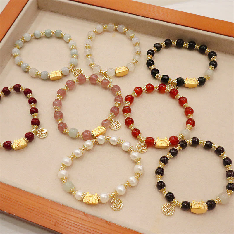 Buddha Stones Año del Dragón Ágata roja Cuarzo fresa Obsidiana negra Jade Granate Perla Cinabrio Bola de masa Dragón Suerte Fu Pulsera con personajes