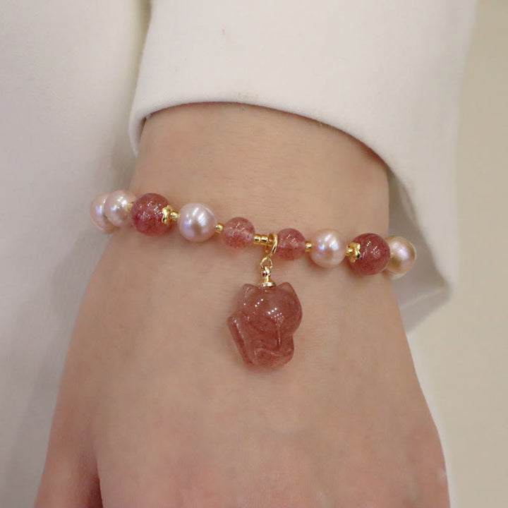 Pulsera con dije curativo de amor de zorro lindo de cuarzo fresa con Buddha Stones