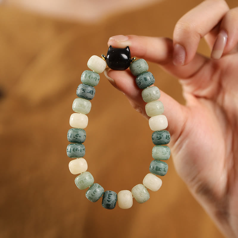 Pulsera de armonía grabada con Buddha Stones de Bodhi, brillo plateado, obsidiana, cabeza de gato, Om Mani Padme Hum - Semilla de Bodhi Verde (circunferencia de la muñeca: 14-16 cm) - image 8