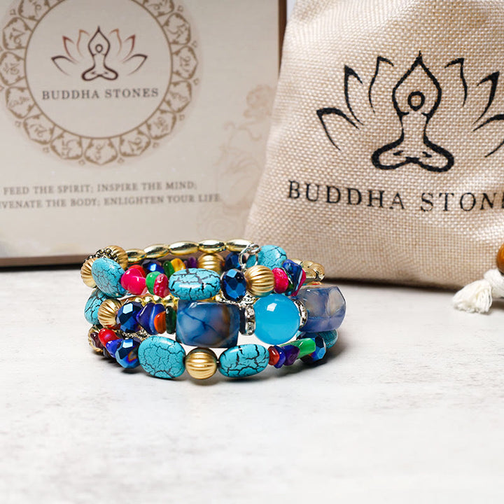 Pulsera de bendición con cuentas de ágata turquesa irregulares multicapa con Buddha Stones