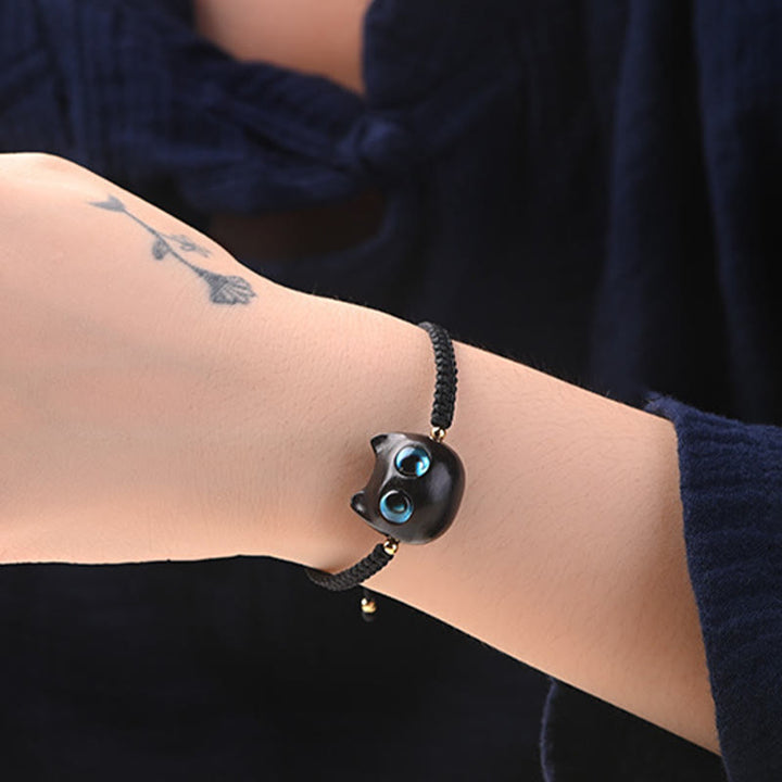 Pulsera trenzada con Buddha Stones, hoja pequeña, sándalo rojo, madera de ébano, cabeza de gato bonita, protección tranquila - image 16