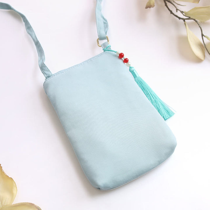 Bolso bandolera con flores bordadas pequeñas y Buddha Stones, bolso de hombro, bolso para móvil de doble capa
