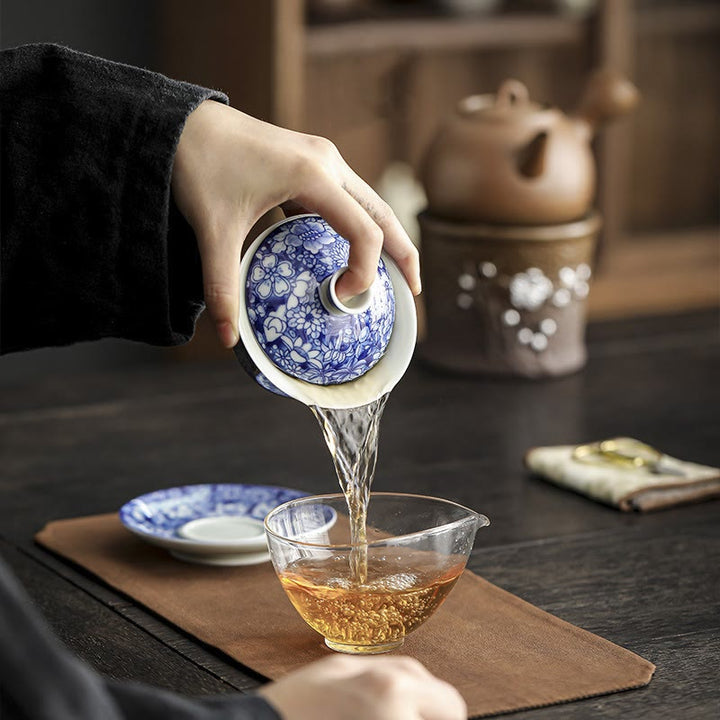 Taza de té y platillo de cerámica Gaiwan Sancai, porcelana azul y blanca Vintage, Buddha Stones , Kung Fu, con tapa