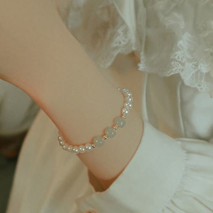 Pulsera de cadena de cuentas de sinceridad de jade blanco de jade cian hetiano con perlas naturales chapadas en oro de 14 quilates
