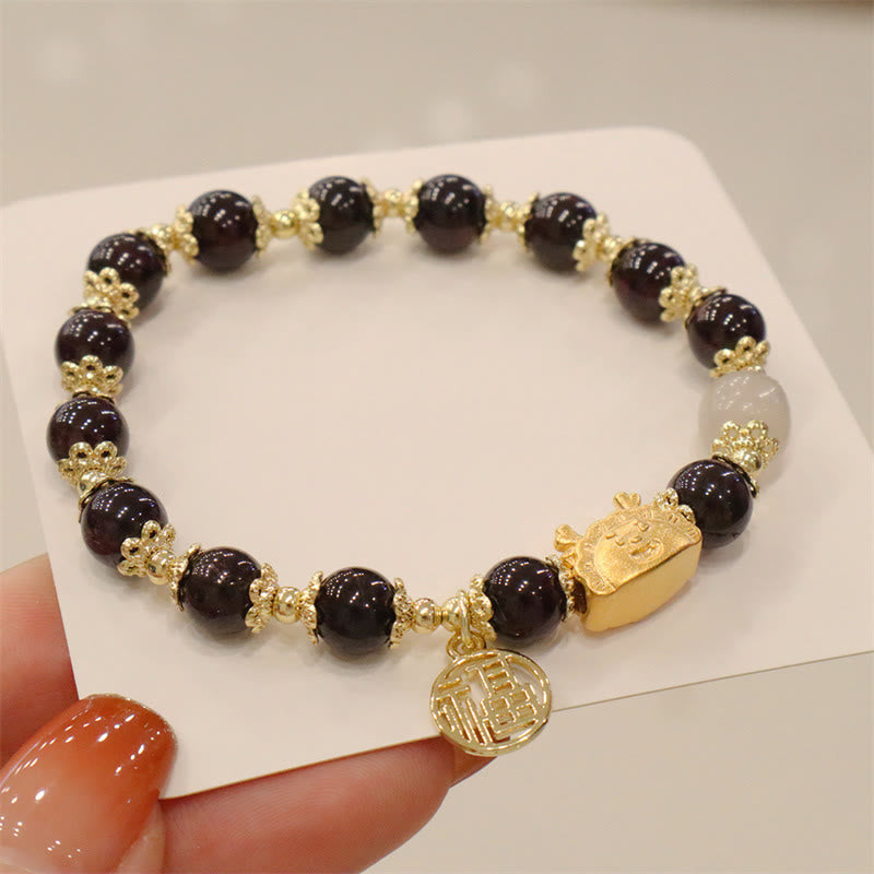Buddha Stones Año del Dragón Ágata roja Cuarzo fresa Obsidiana negra Jade Granate Perla Cinabrio Bola de masa Dragón Suerte Fu Pulsera con personajes - Granate (circunferencia de la muñeca 14-19 cm) - image 24