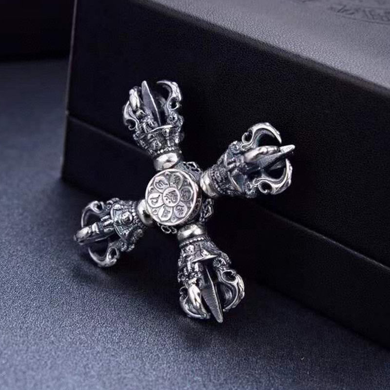 Colgante tibetano de plata de ley 925 con doble Dorje Vajra grabado poder espiritual - Pieza de juego manual 51*50 mm - image 0