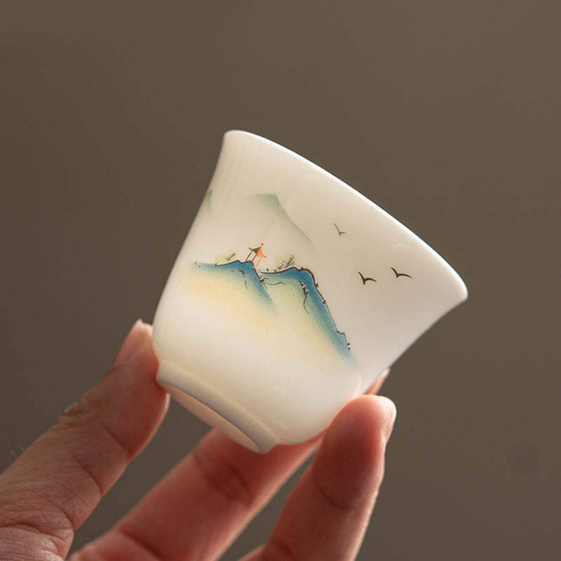 Taza de té de cerámica con Buddha Stones, flor de loto, hoja, montaña, pabellón, alce, peonía, taza de té de Kung Fu