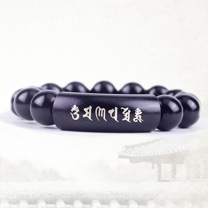 Pulsera de equilibrio con incrustaciones de Om Mani Padme Hum de madera de ébano de plata de ley 999 con Buddha Stones