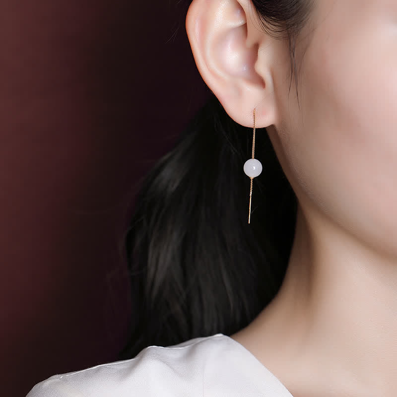 Pendientes colgantes de felicidad con cuentas de jade blanco de plata de ley 925