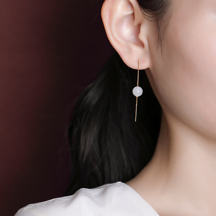 Pendientes colgantes de felicidad con cuentas de jade blanco de plata de ley 925
