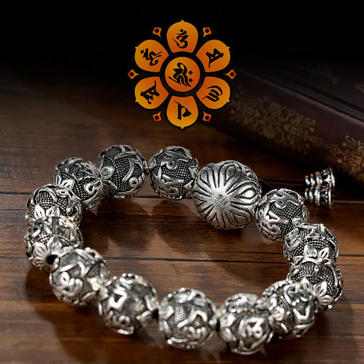 Pulsera de amuleto de cuentas de aleación tallada Om Mani Padme Hum tibetano con Buddha Stones