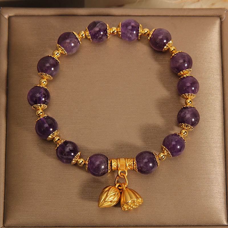 Pulsera espiritual curativa de loto y amatista natural con Buddha Stones