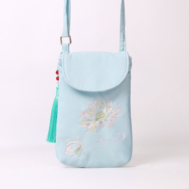 Bolso bandolera con flores bordadas pequeñas y Buddha Stones, bolso de hombro, bolso para móvil de doble capa