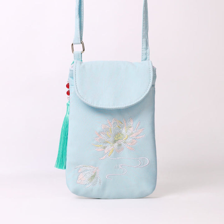Bolso bandolera con flores bordadas pequeñas y Buddha Stones, bolso de hombro, bolso para móvil de doble capa