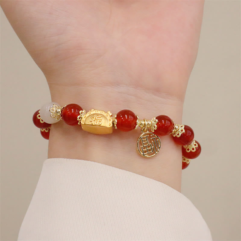 Buddha Stones Año del Dragón Ágata roja Cuarzo fresa Obsidiana negra Jade Granate Perla Cinabrio Bola de masa Dragón Suerte Fu Pulsera con personajes