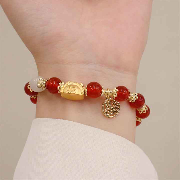 Buddha Stones Año del Dragón Ágata roja Cuarzo fresa Obsidiana negra Jade Granate Perla Cinabrio Bola de masa Dragón Suerte Fu Pulsera con personajes