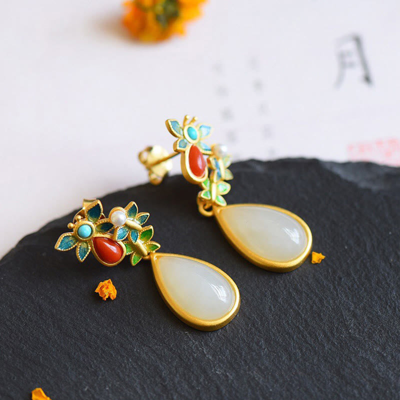 Pendientes colgantes con forma de gota de agua , Buddha Stones , Jade blanco, ágata roja, mariposa, protección