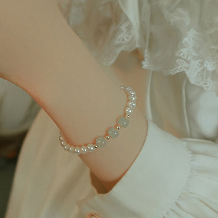 Pulsera de cadena de cuentas de sinceridad de jade blanco de jade cian hetiano con perlas naturales chapadas en oro de 14 quilates