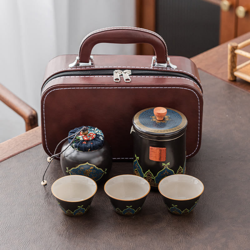 Tetera de cerámica de Gongfu chino con flores de Buddha Stones , bolsa portátil para juego de té de viaje al aire libre - Negro - 1 tetera + 3 tazas + 1 bolso + 1 lata de té - image 22