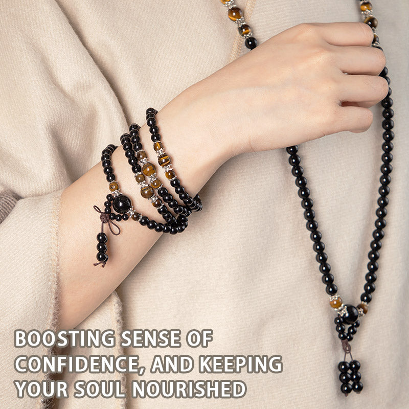 Pulsera Mala de ojo de tigre de obsidiana negra natural con 108 Buddha Stones