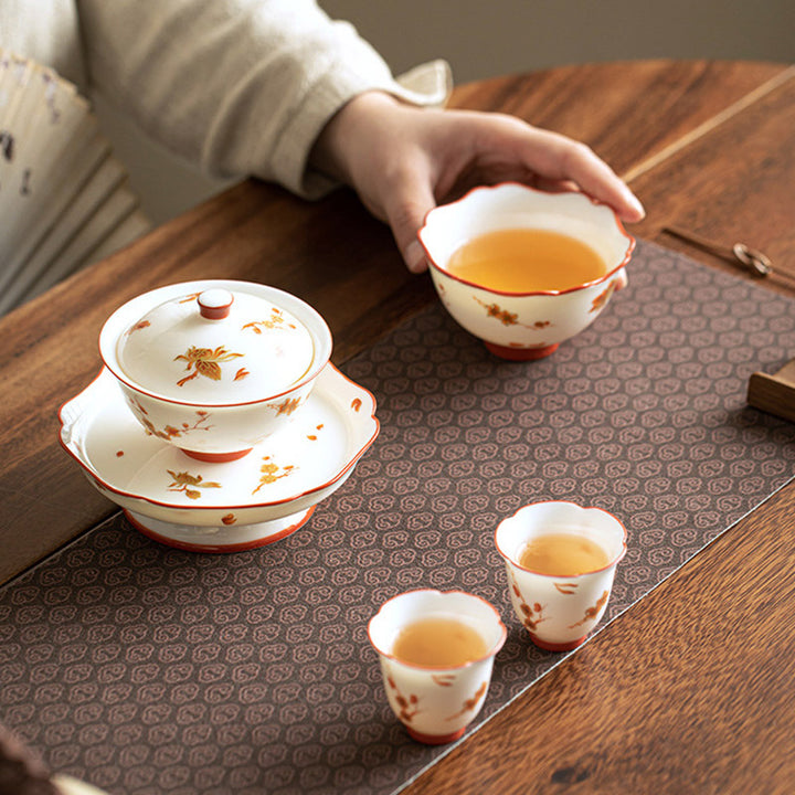 Taza de té y platillo con tapa, Gaiwan Sancai de cerámica, flores de porcelana blanca, Buddha Stones, Kung Fu