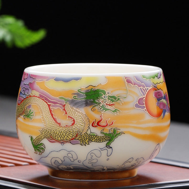 Taza de té de cerámica con Buddha Stones, dragón, Fénix, nubes propicias, sol, olas del océano, taza de té de Kung Fu