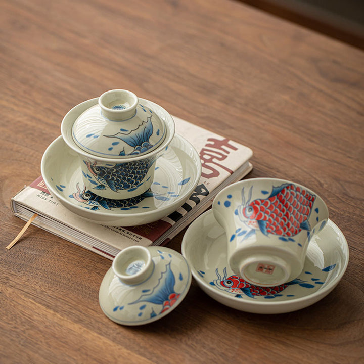 Buddha Stones Koi Arowana cerámica Gaiwan Sancai taza de té Kung Fu con tapa 130ml