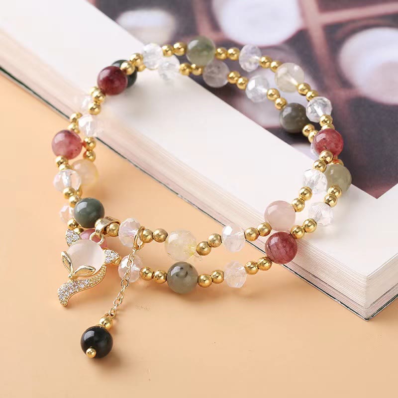 Pulsera de doble vuelta con protección de zorro de cuarzo rutilado multicolor con Buddha Stones