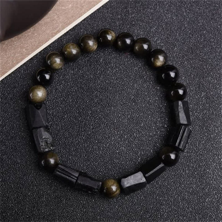 Pulsera de riqueza de turmalina negra obsidiana con brillo dorado de Buddha Stones