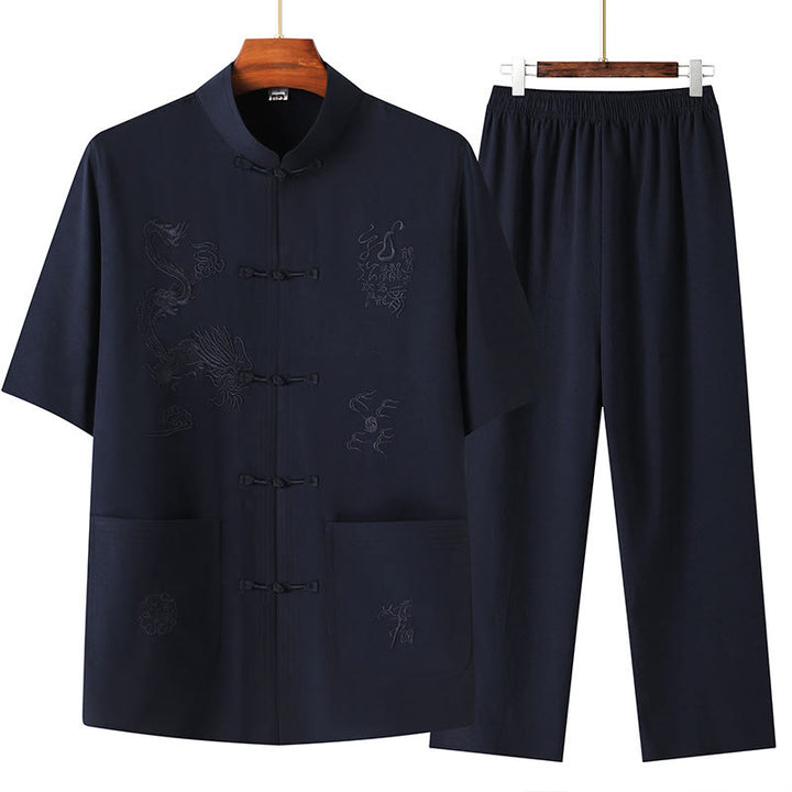 Traje Tang de Buddha Stones Hanfu dragón chino uniforme de kungfú tradicional camisetas y pantalones de manga corta conjunto de ropa para hombre