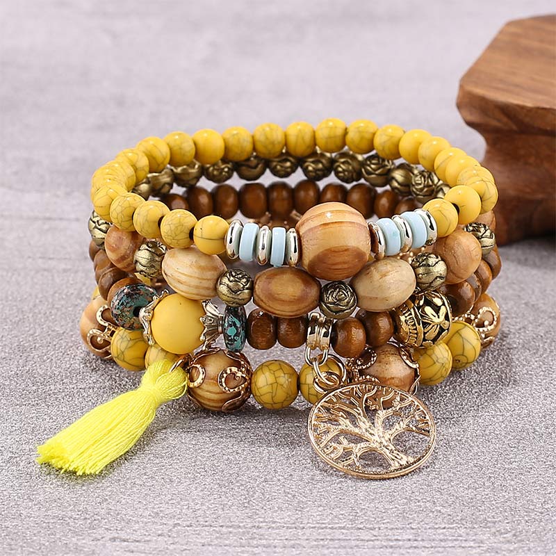 Pulsera curativa con borlas de árbol en capas de madera de wengué