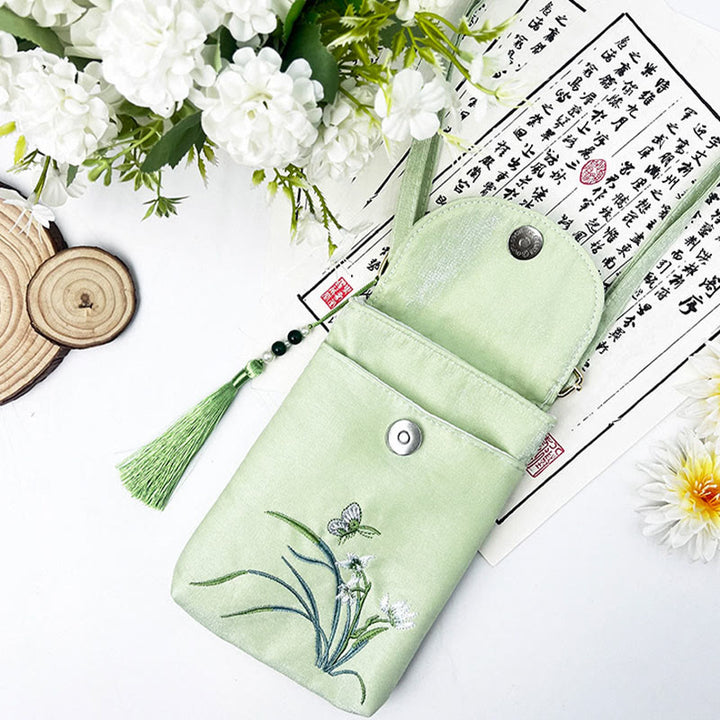 Bolso bandolera con flores bordadas pequeñas y Buddha Stones, bolso de hombro, bolso para móvil de doble capa