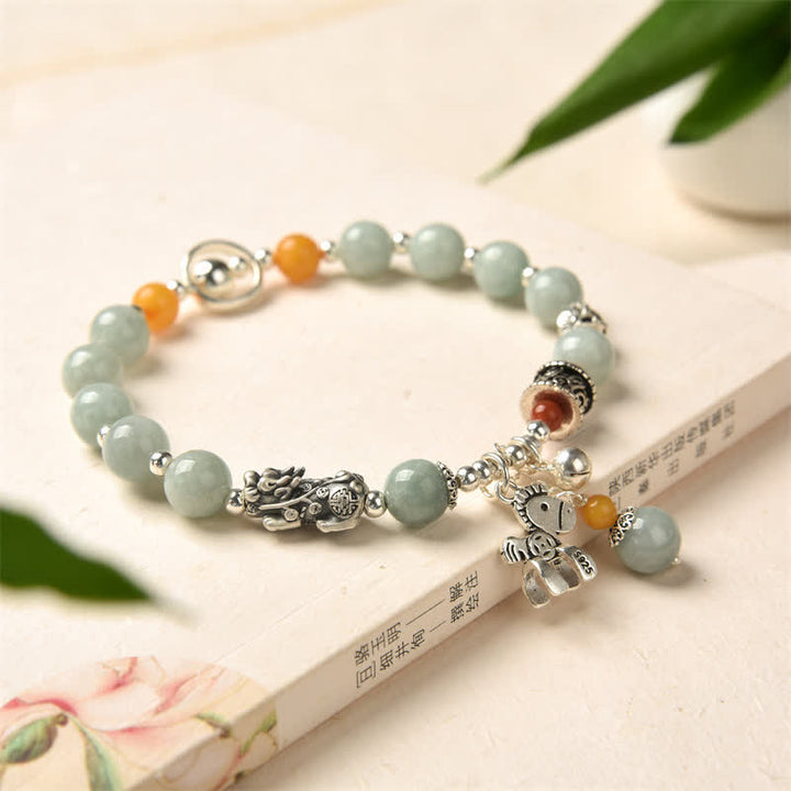 Pulsera de éxito de pony PiXiu de ámbar y jade natural de plata de ley 925