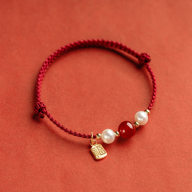 Pulsera trenzada de hilo rojo con perlas de ágata y personaje de buena fortuna, Plata de Ley 925 con Buddha Stones