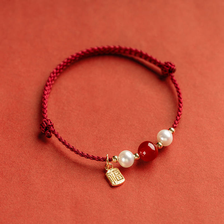 Pulsera trenzada de hilo rojo con perlas de ágata y personaje de buena fortuna, Plata de Ley 925 con Buddha Stones