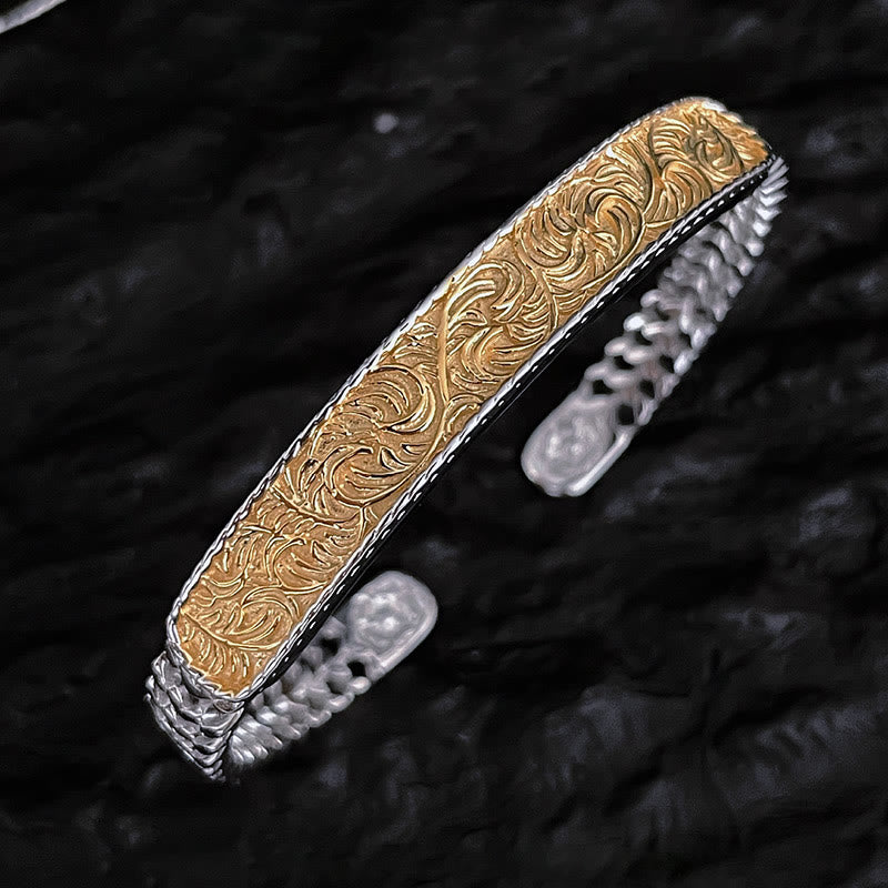 Brazalete de la suerte de cobre grabado con diseño de flor de la dinastía Tang, anillo ajustable