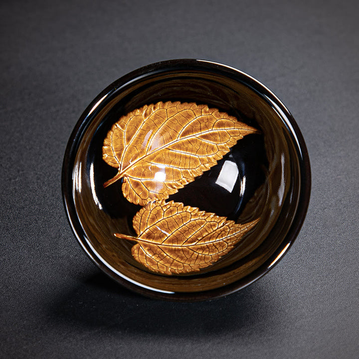 Buddha Stones, hoja de arce dorada, taza de té de cerámica china Jianzhan, tazón de taza de té Tenmoku Kung Fu