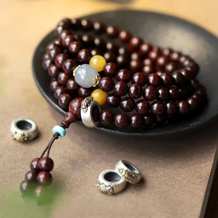 Pulsera de plata de ley 925 con Buddha Stones , hoja pequeña india, sándalo rojo, jade gris hetiano, ámbar, estrella dorada