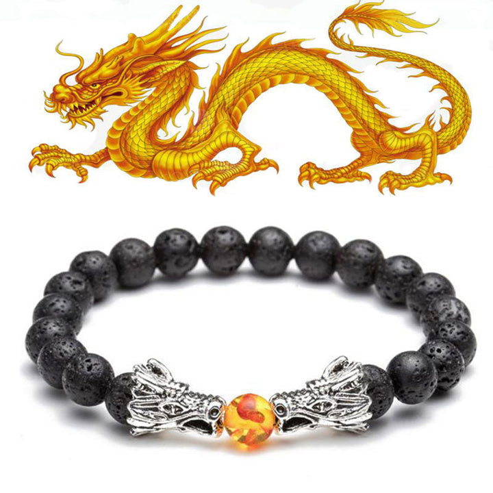 Pulsera con cuentas de bendición de dragón de roca de lava, turquesa blanca, Buddha Stones - Roca de lava y plata - image 22