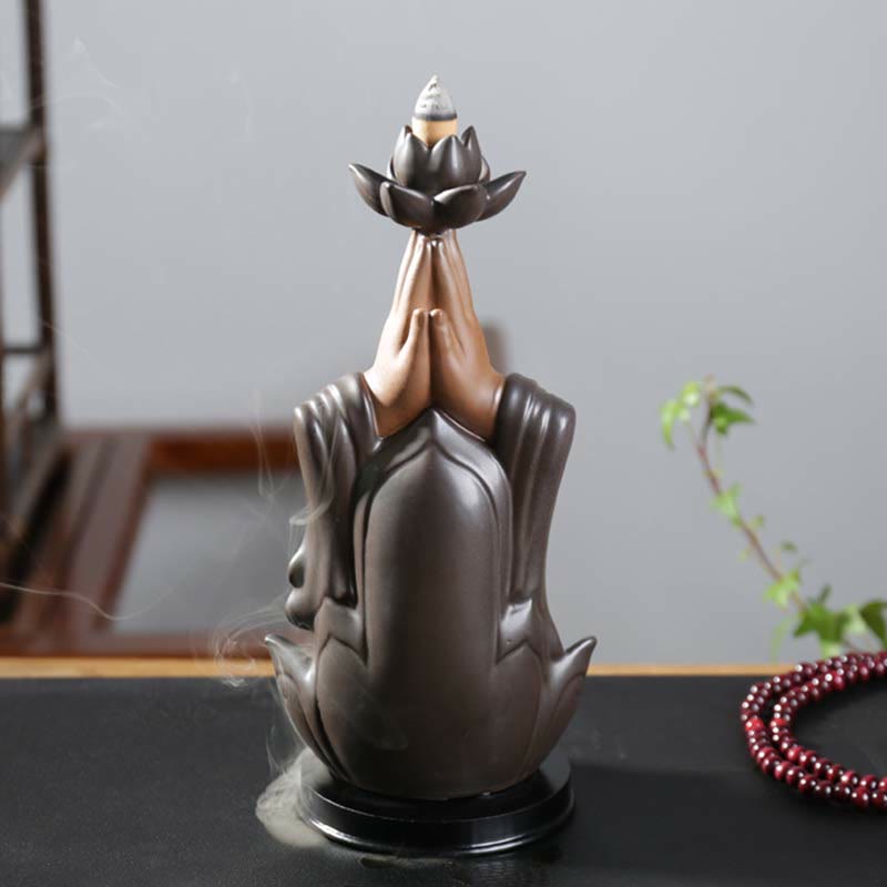 Quemador de incienso de reflujo de bendición de loto de cerámica de Buda Avalokitesvara Chenrezig Ksitigarbha